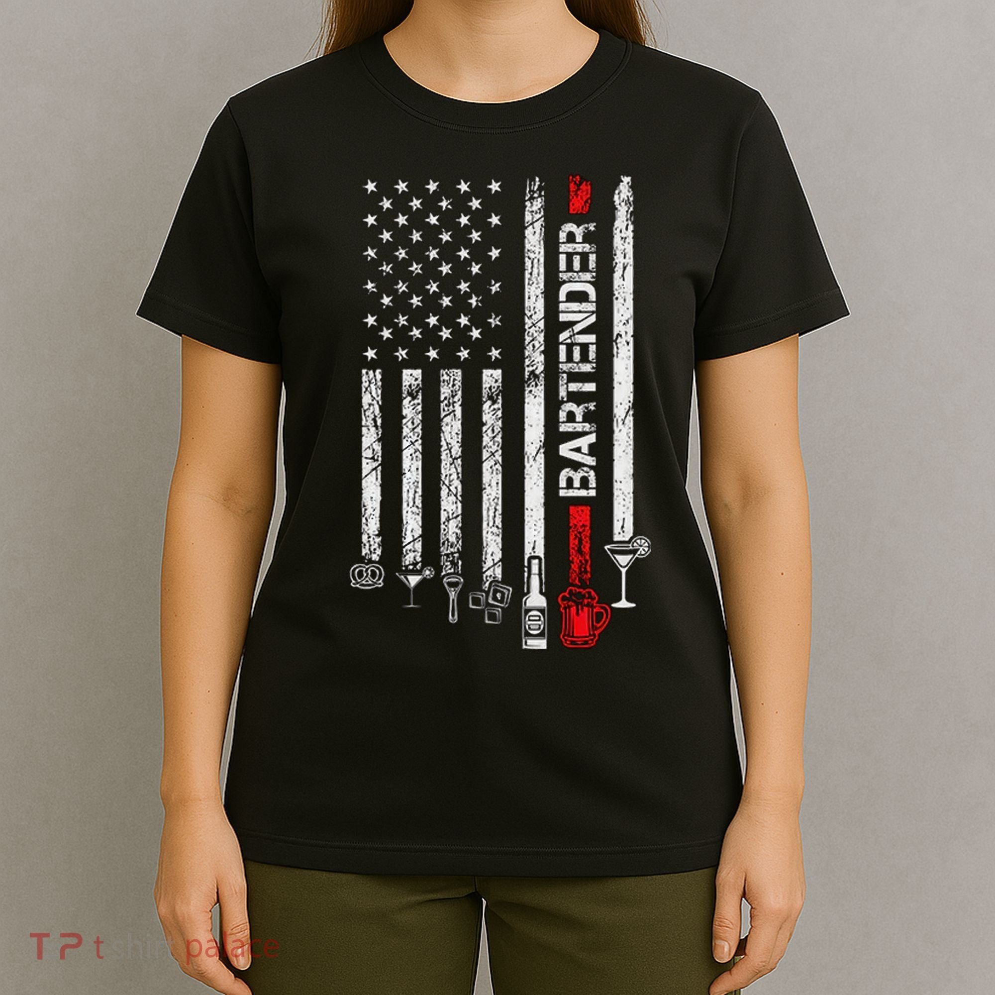 American Flag With Bartender Cool Gift For Women Men Father T-Shirt