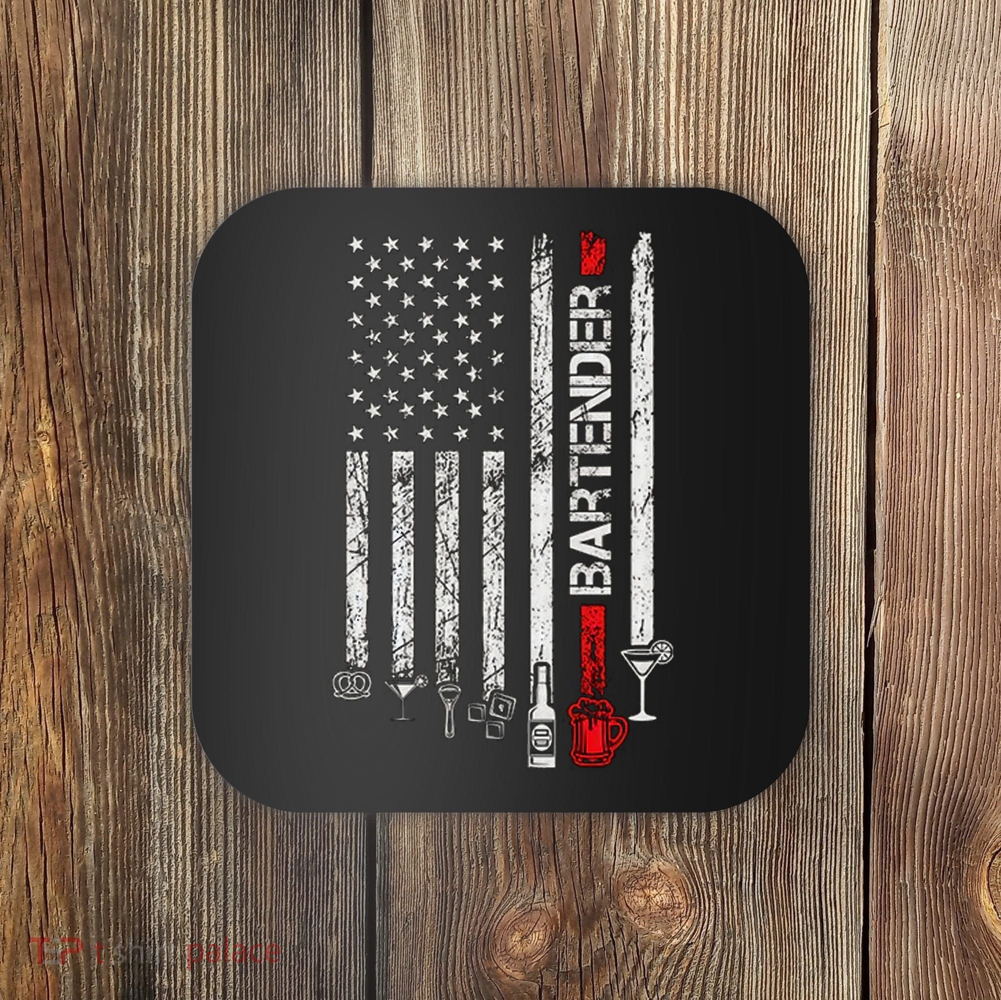 American Flag With Bartender Cool Gift For Women Men Father Coaster