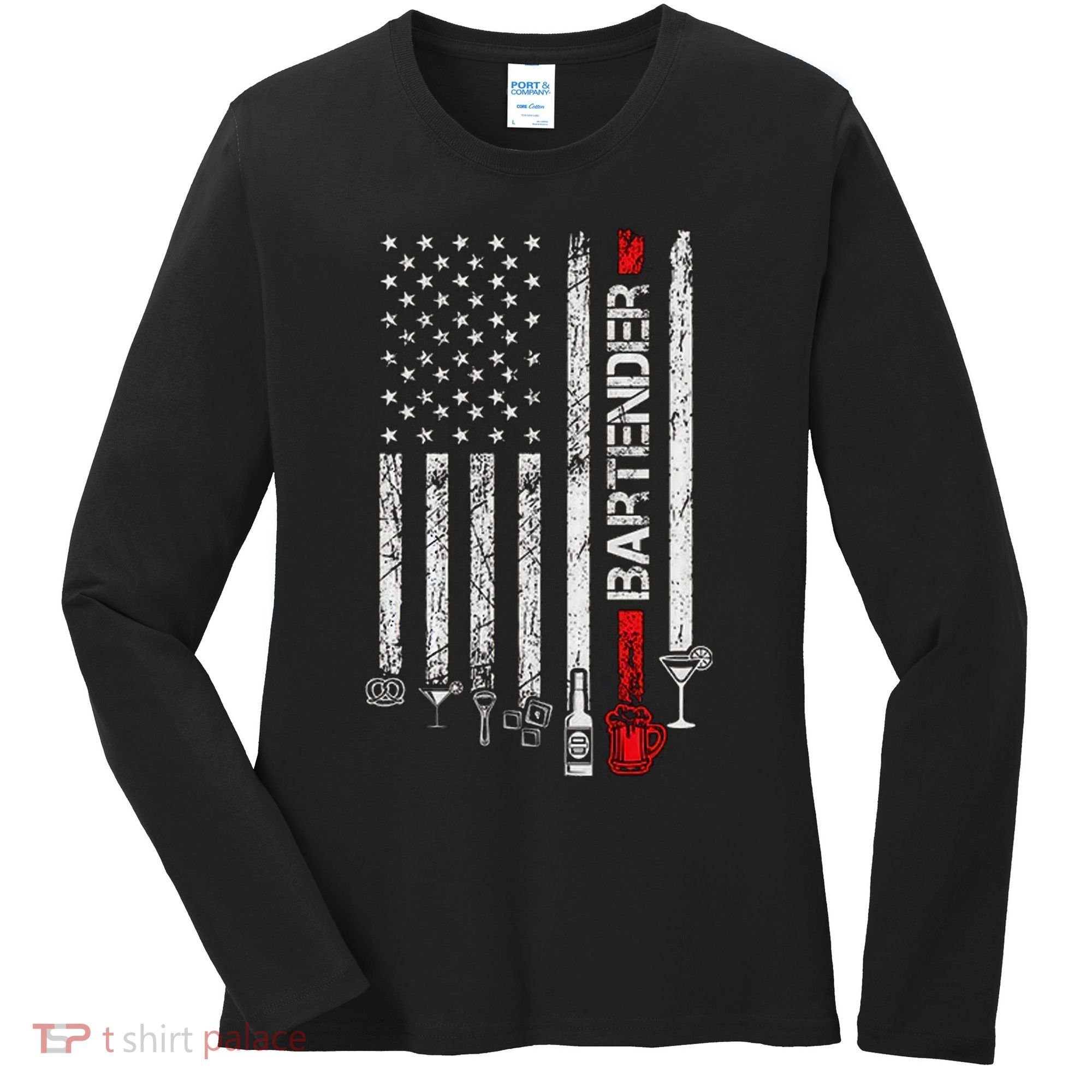American Flag With Bartender Cool Gift For Women Men Father Women's Long Sleeve Shirt
