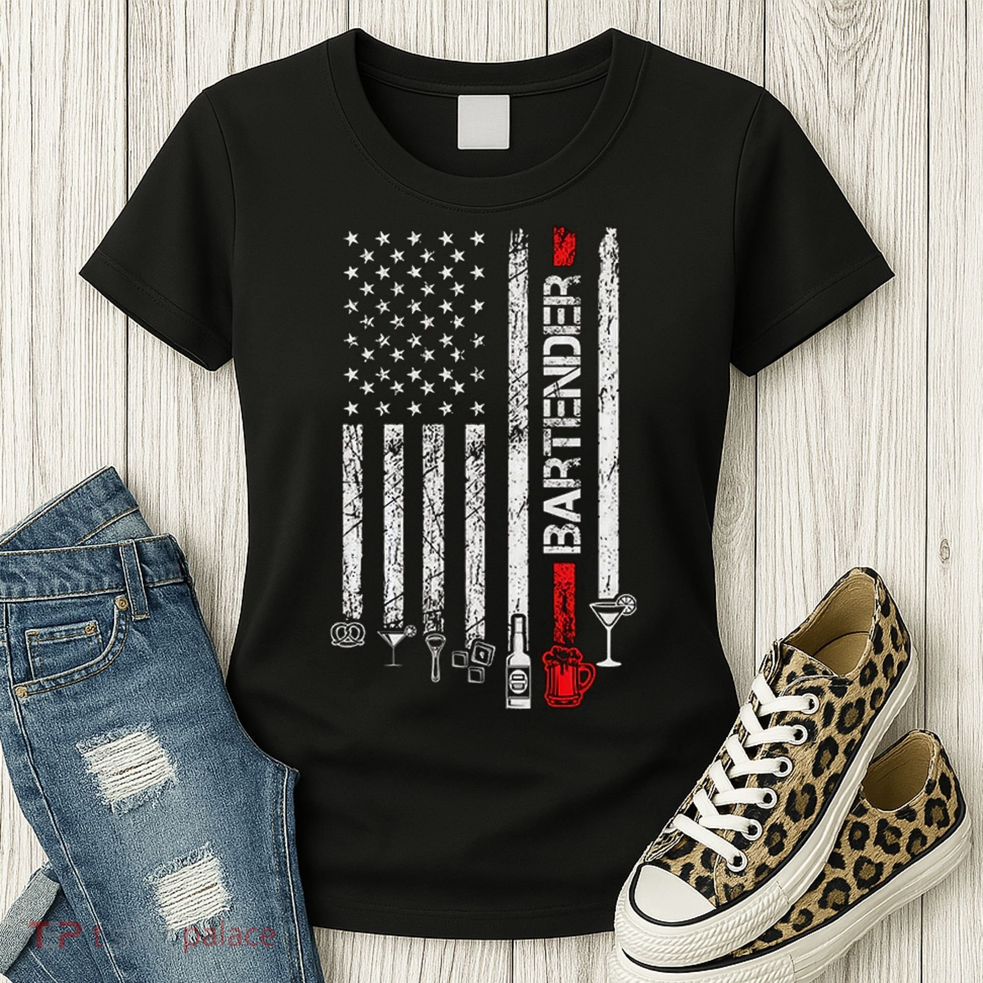 American Flag With Bartender Cool Gift For Women Men Father Women's T-Shirt