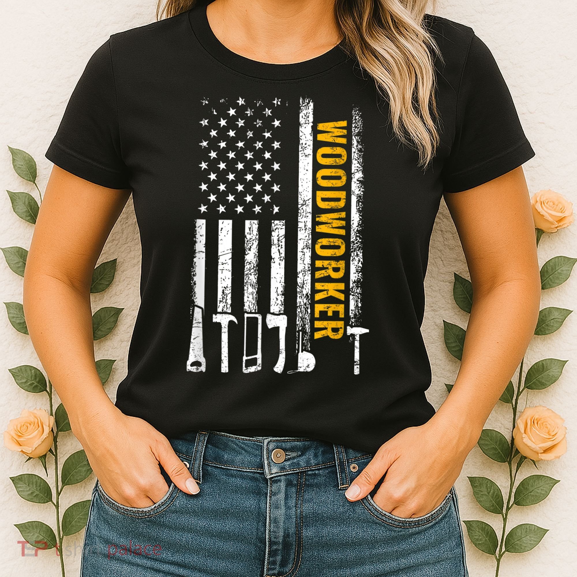 American Flag Woodworker Carpenter Funny Woodworking Women's T-Shirt