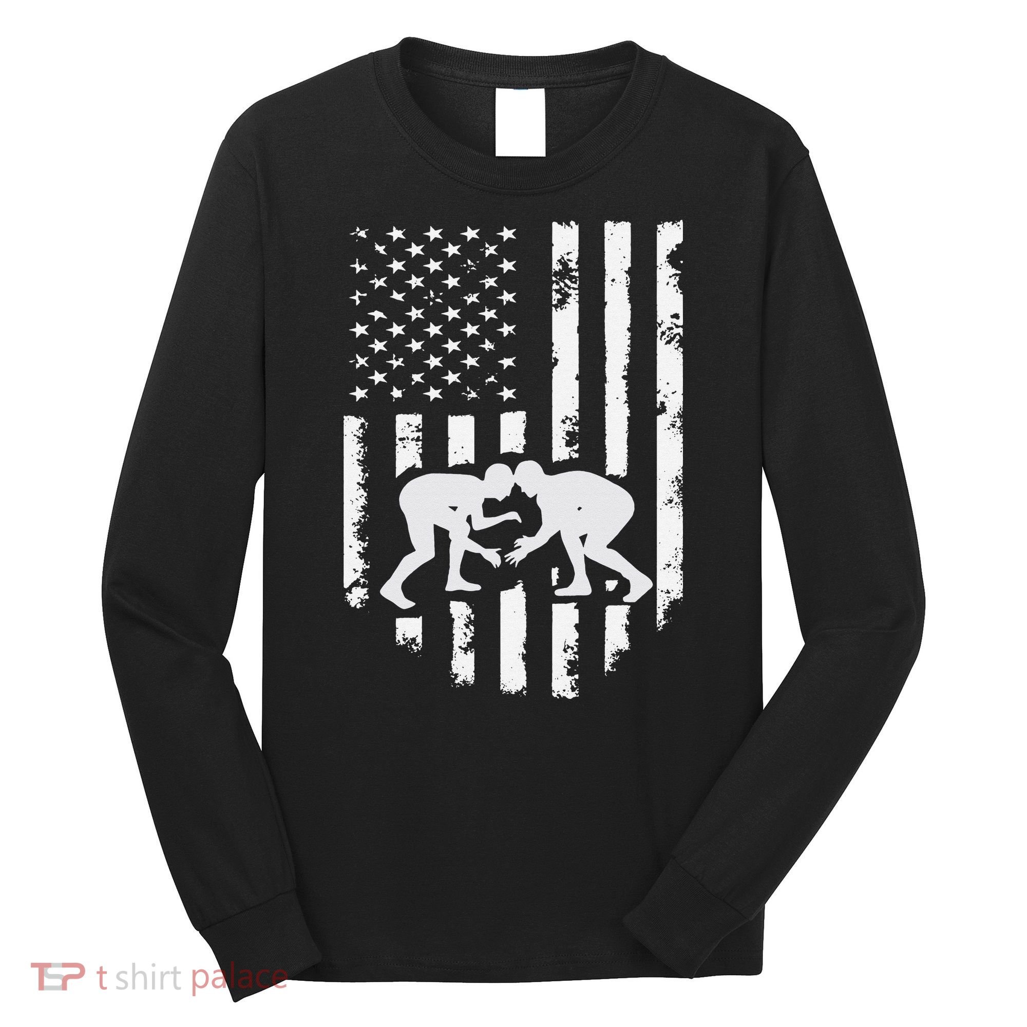 American Flag Wrestling Hoodie Distressed Wrestle Gift Tee Long Sleeve Shirt