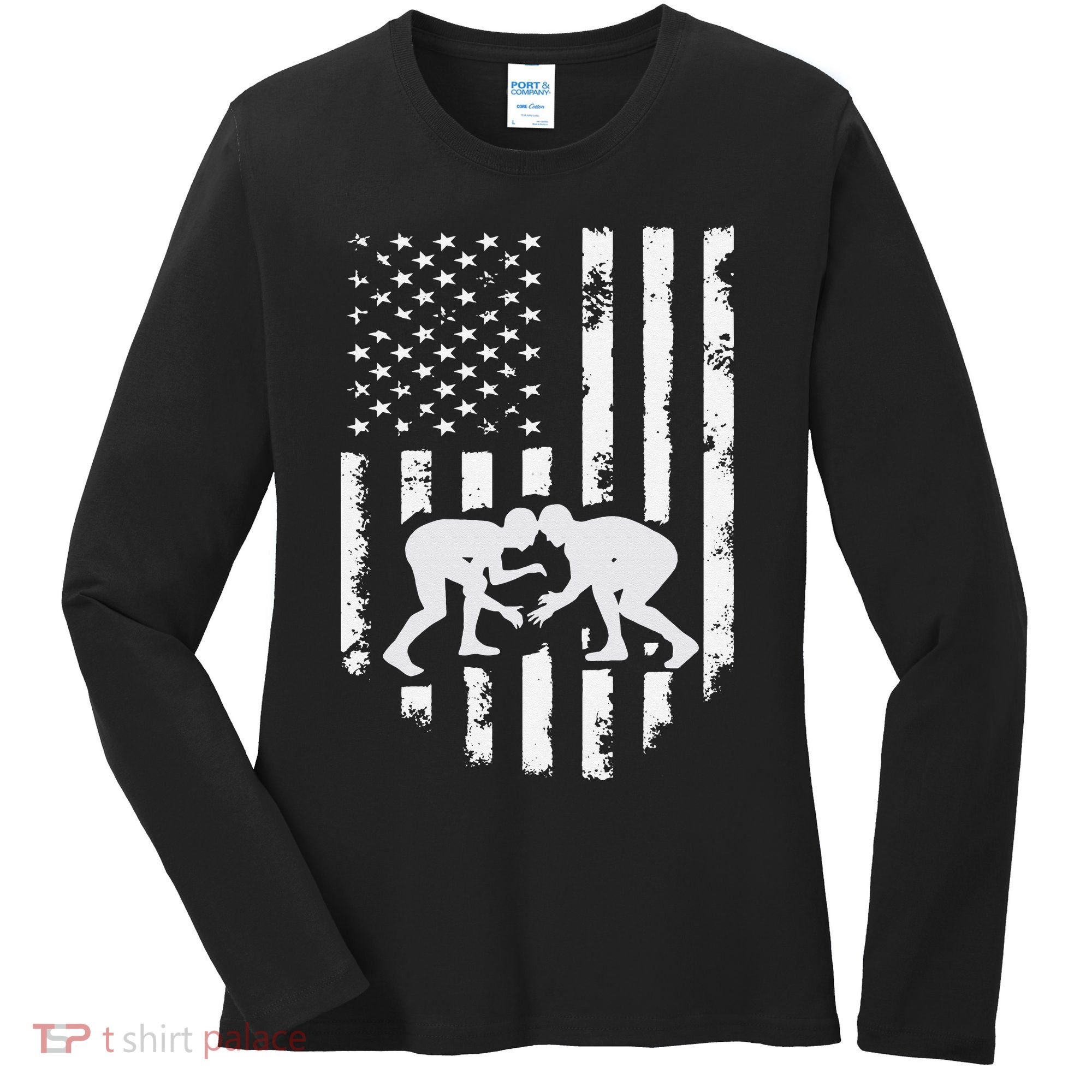American Flag Wrestling Hoodie Distressed Wrestle Gift Tee Women's Long Sleeve Shirt