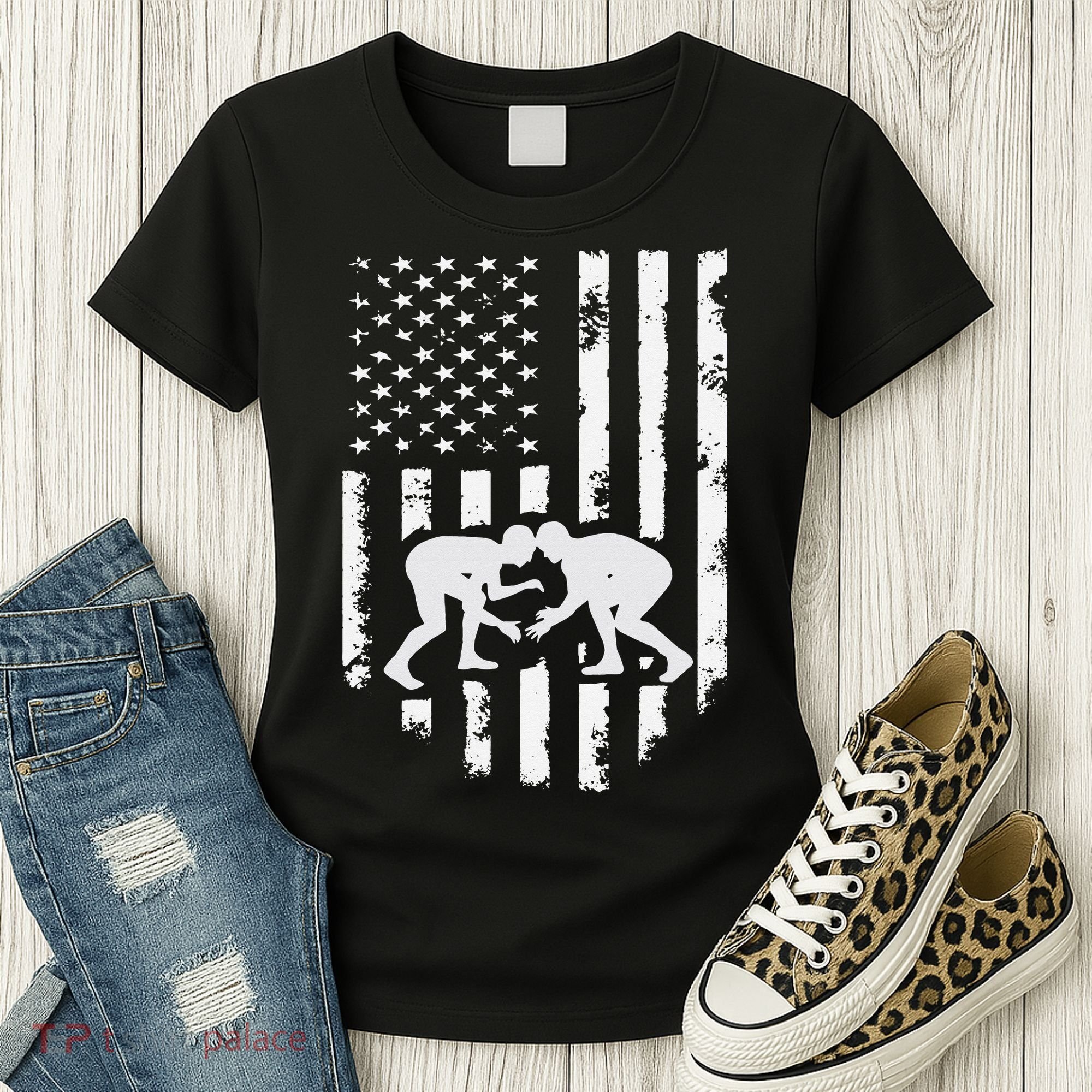American Flag Wrestling Hoodie Distressed Wrestle Gift Tee Women's T-Shirt