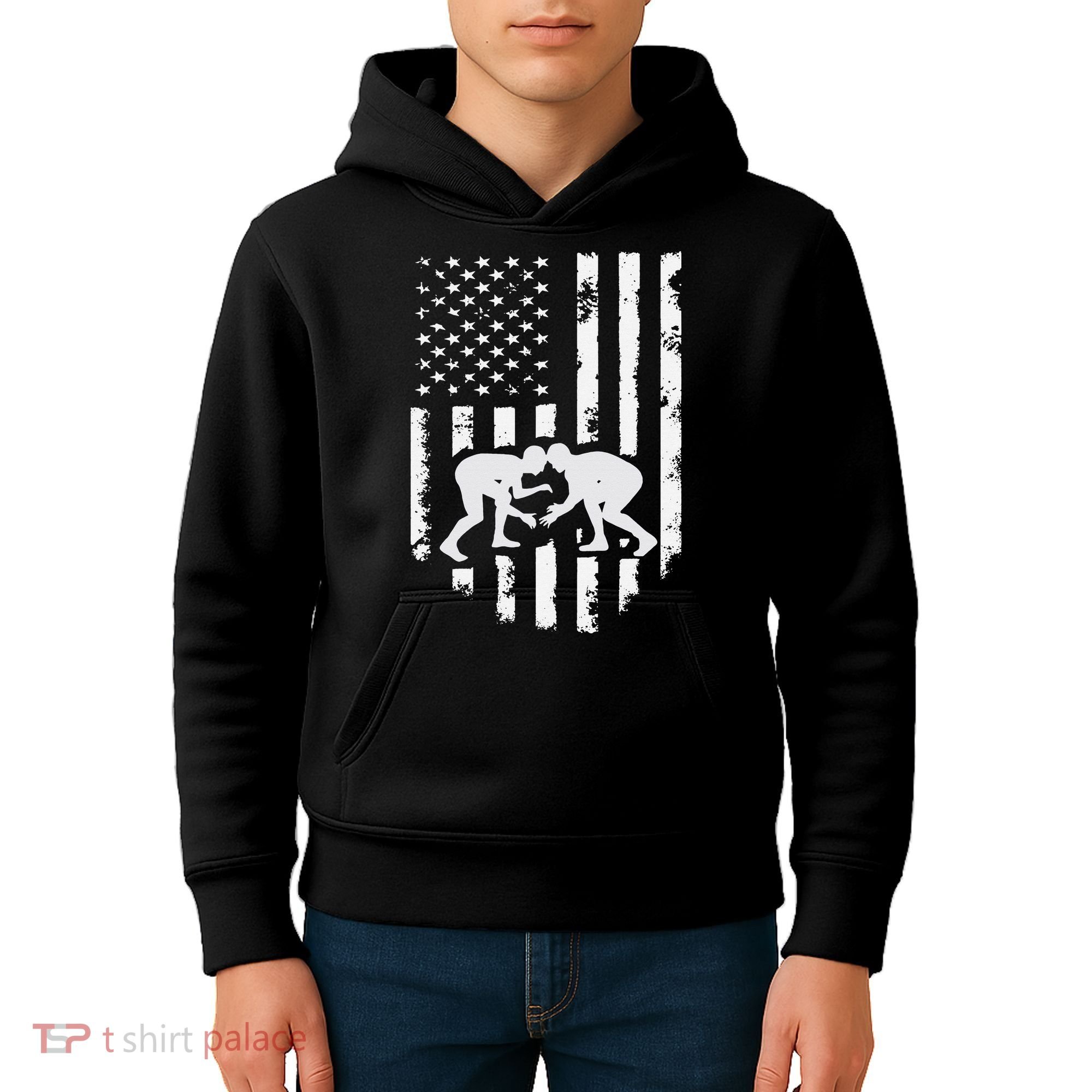 American Flag Wrestling Hoodie Distressed Wrestle Gift Tee Kids Hoodie