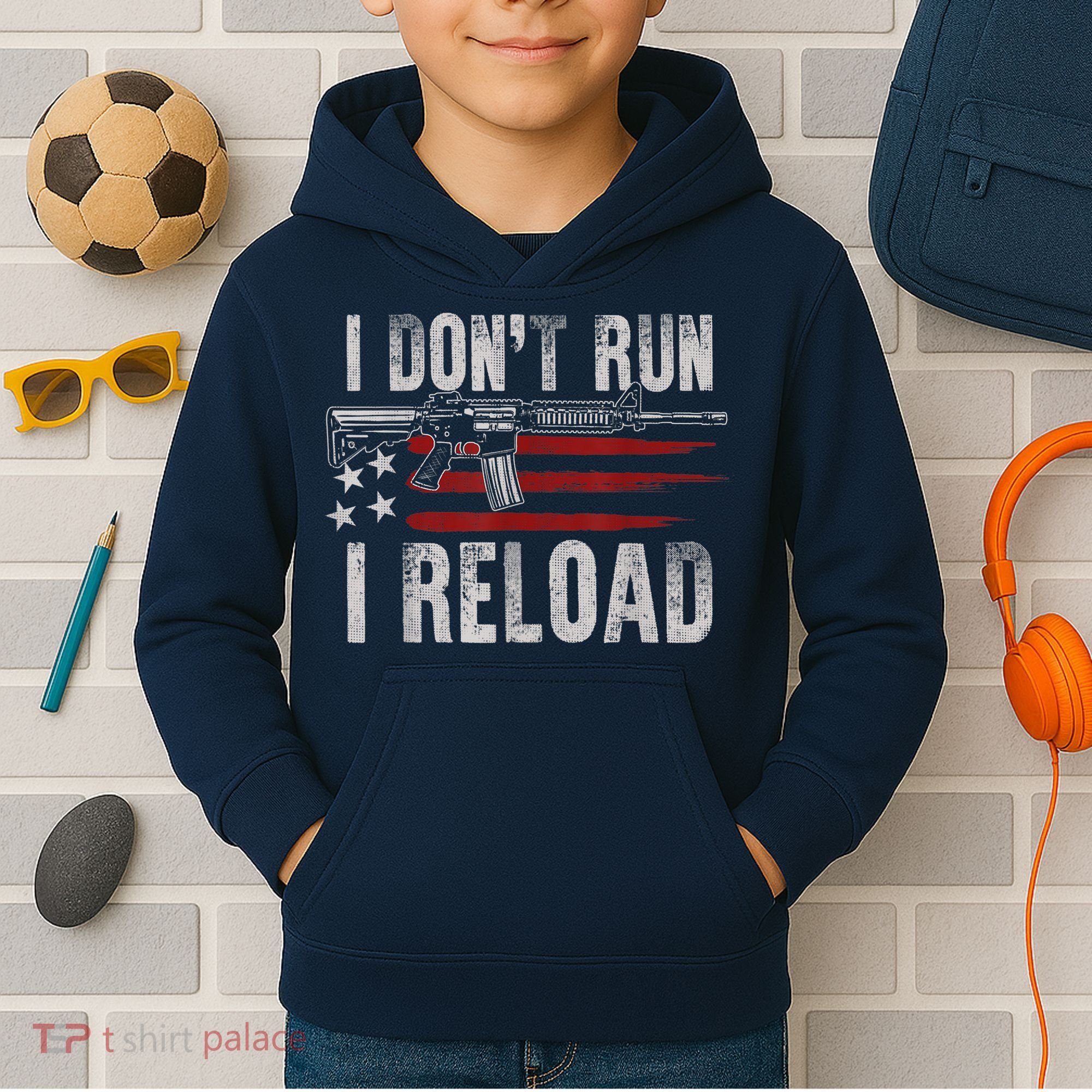 AR15 Gun American Flag I Don't Run I Reload I Dont Run Kids Hoodie
