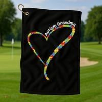 Autism Grandma Autism Awareness Puzzle Piece Heart Golf Towel thumb 1