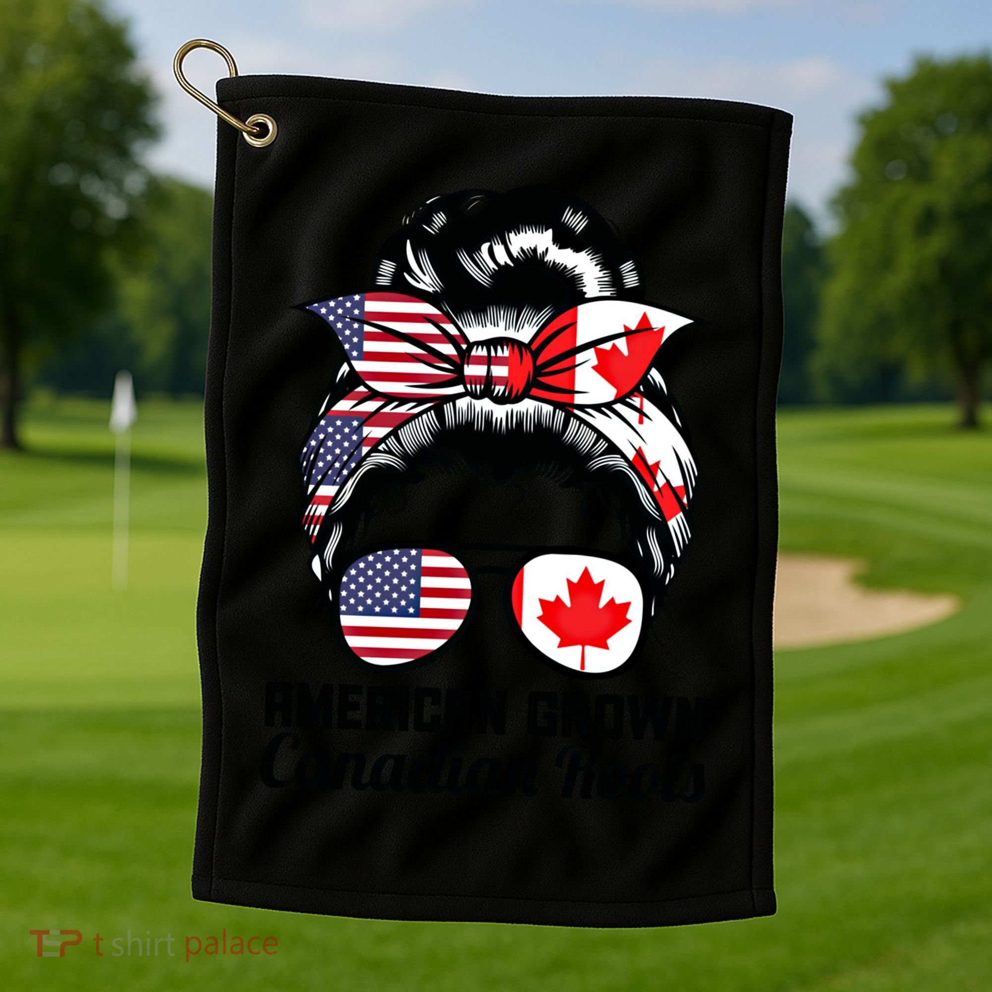 American Grown Canadian Roots Messy Bun Canada Cool Gift Golf Towel