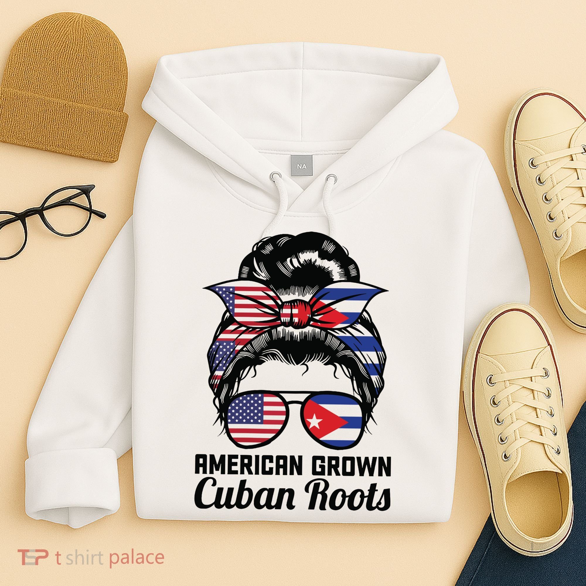 American Grown Cuban Roots Messy Bun Cuba Hoodie