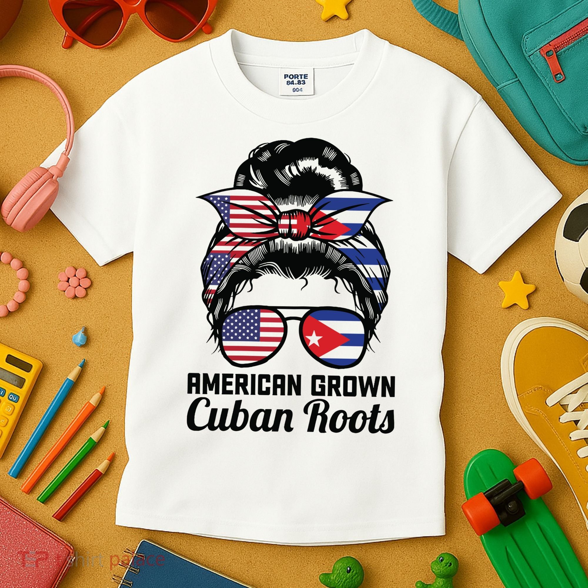 American Grown Cuban Roots Messy Bun Cuba Kids T-Shirt
