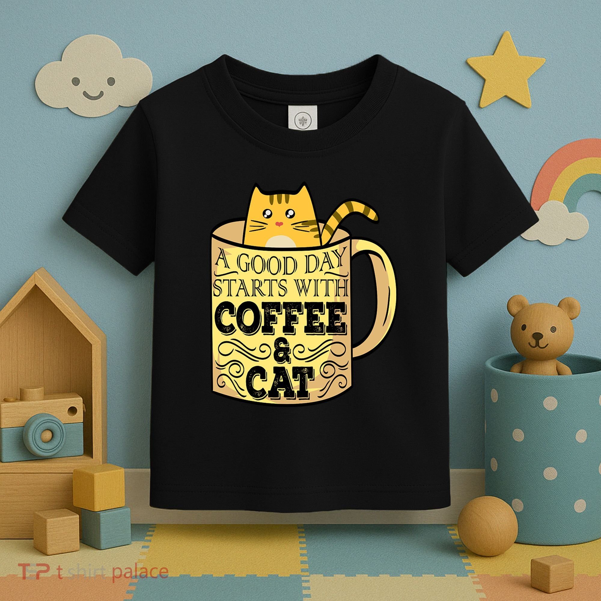 A Good Day Starts With Coffee And Cat Funny Toddler T-Shirt