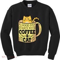 A Good Day Starts With Coffee And Cat Funny Kids Sweatshirt thumb 0