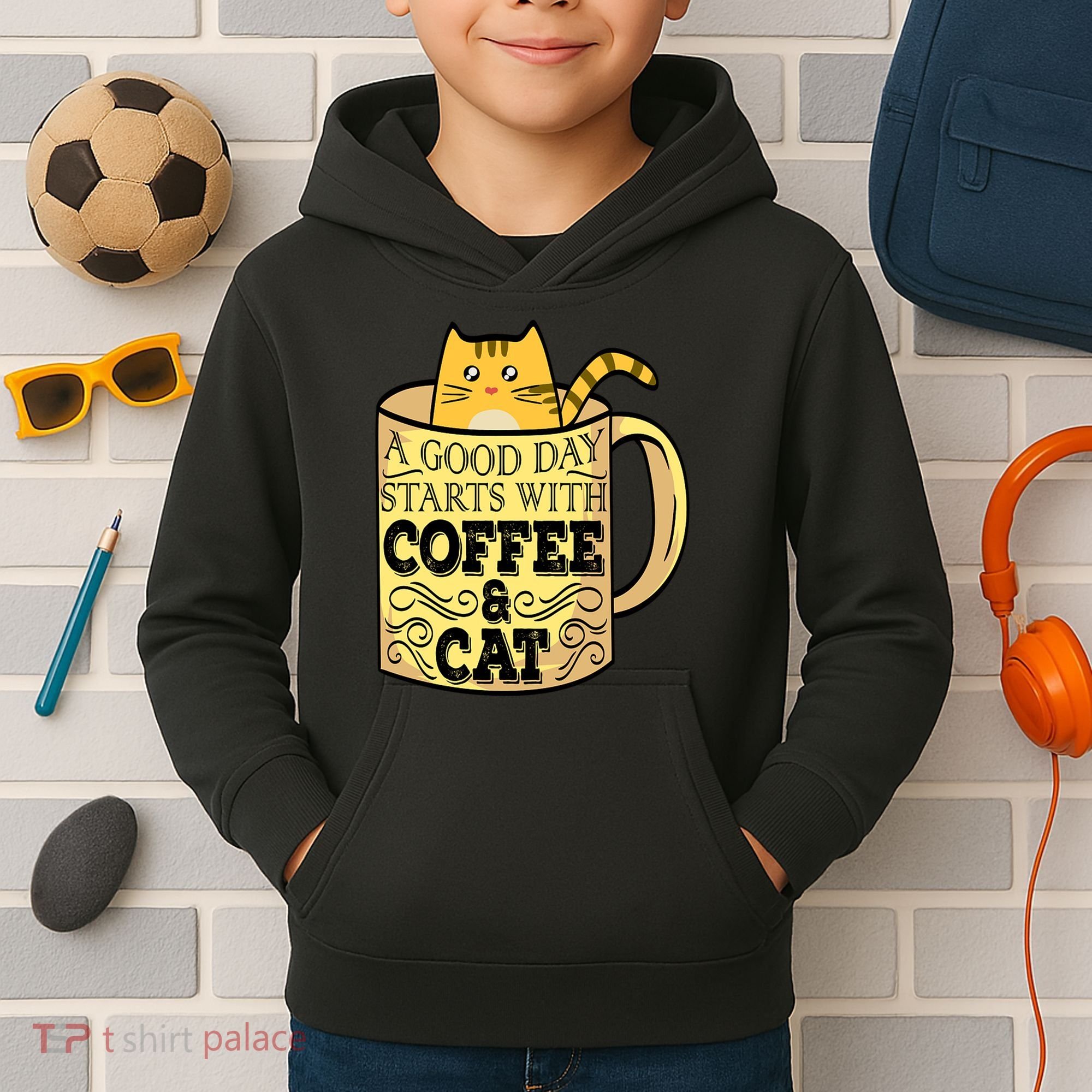 A Good Day Starts With Coffee And Cat Funny Kids Hoodie
