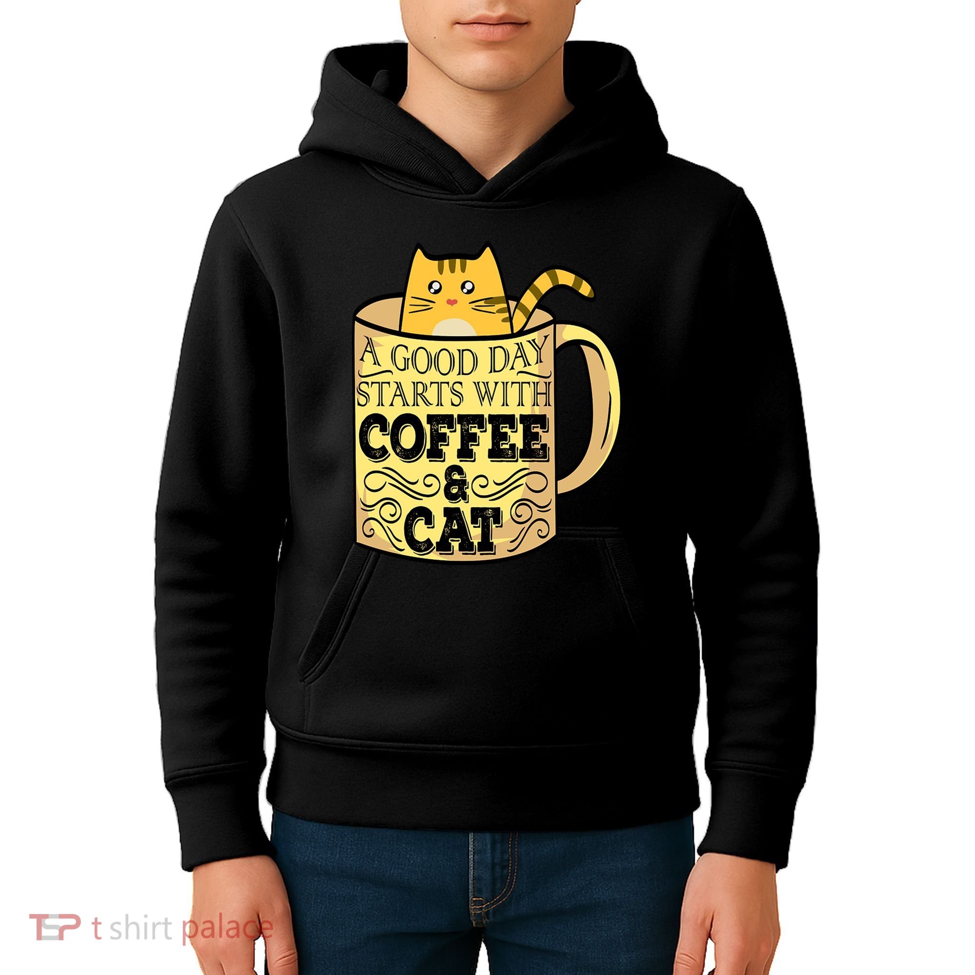 A Good Day Starts With Coffee And Cat Funny Kids Hoodie