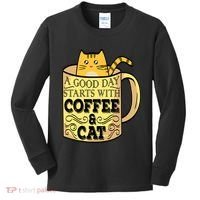 A Good Day Starts With Coffee And Cat Funny Kids Long Sleeve Shirt thumb 0