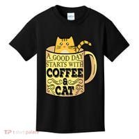 A Good Day Starts With Coffee And Cat Funny Kids T-Shirt thumb 0