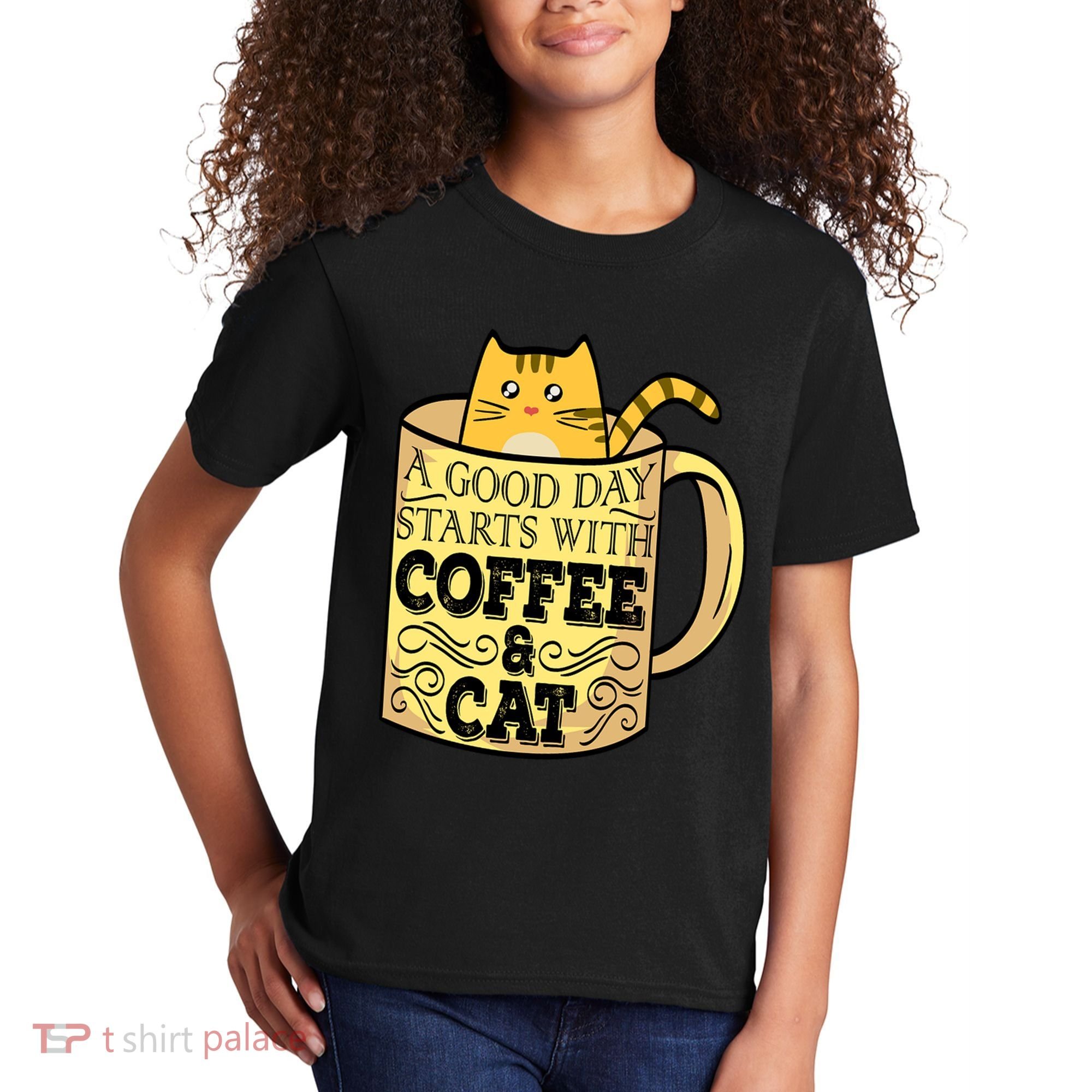 A Good Day Starts With Coffee And Cat Funny Kids T-Shirt