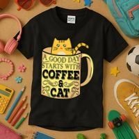 A Good Day Starts With Coffee And Cat Funny Kids T-Shirt thumb 3