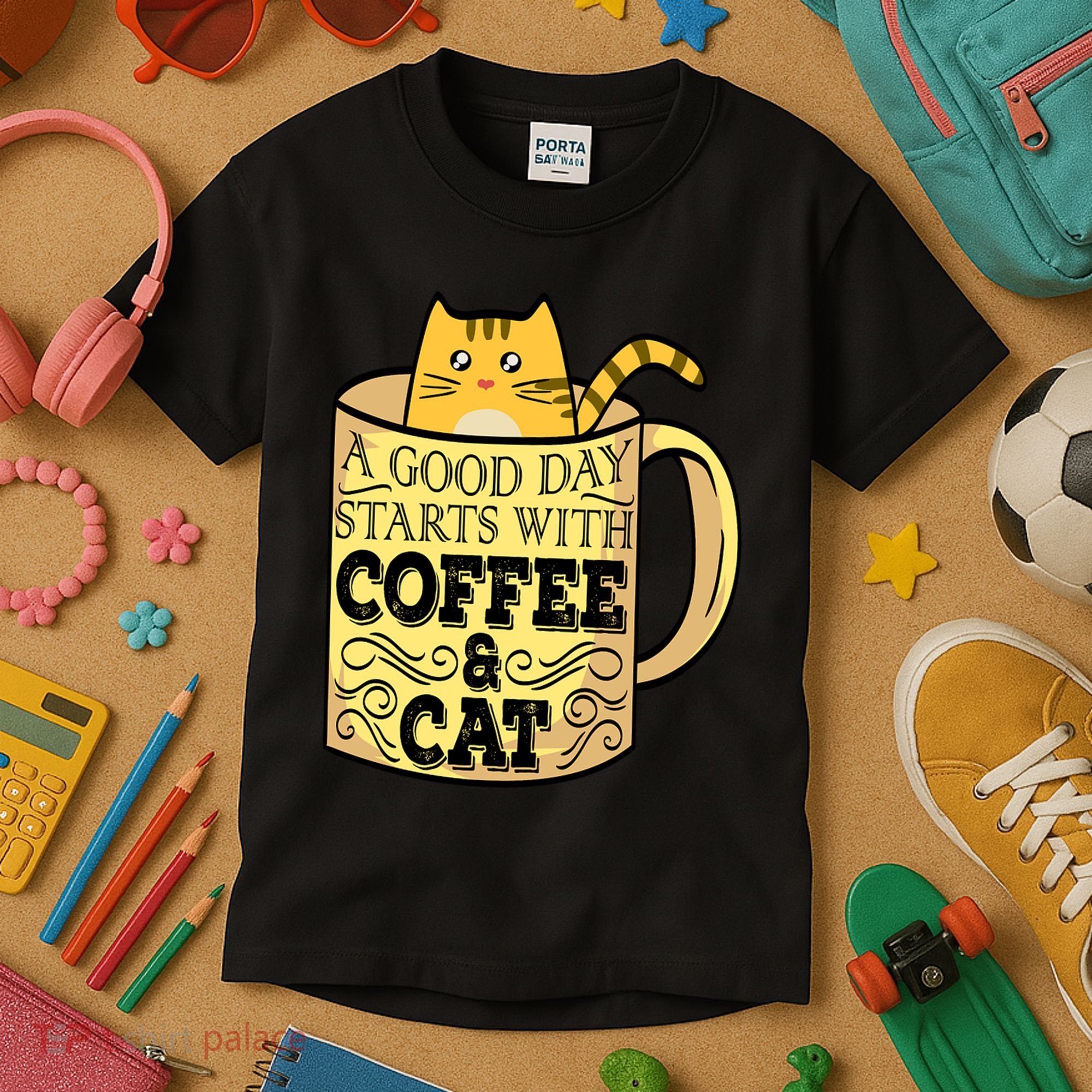 A Good Day Starts With Coffee And Cat Funny Kids T-Shirt