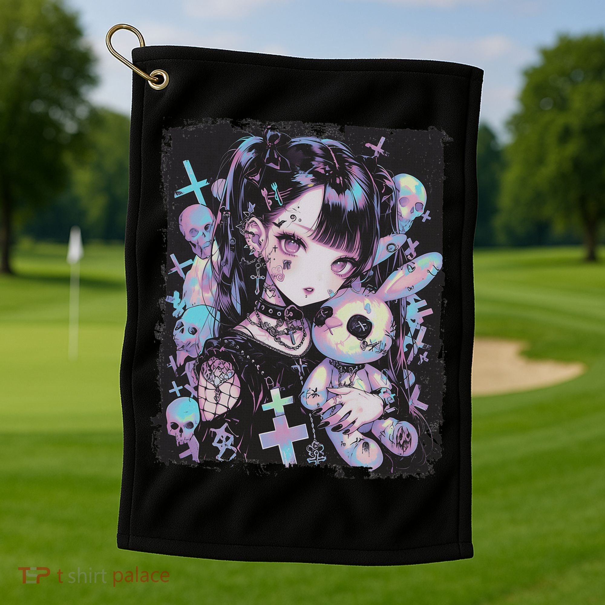 Anime Girl Goth Bunny Cute E Girl Gothic Outfit Grunge Golf Towel