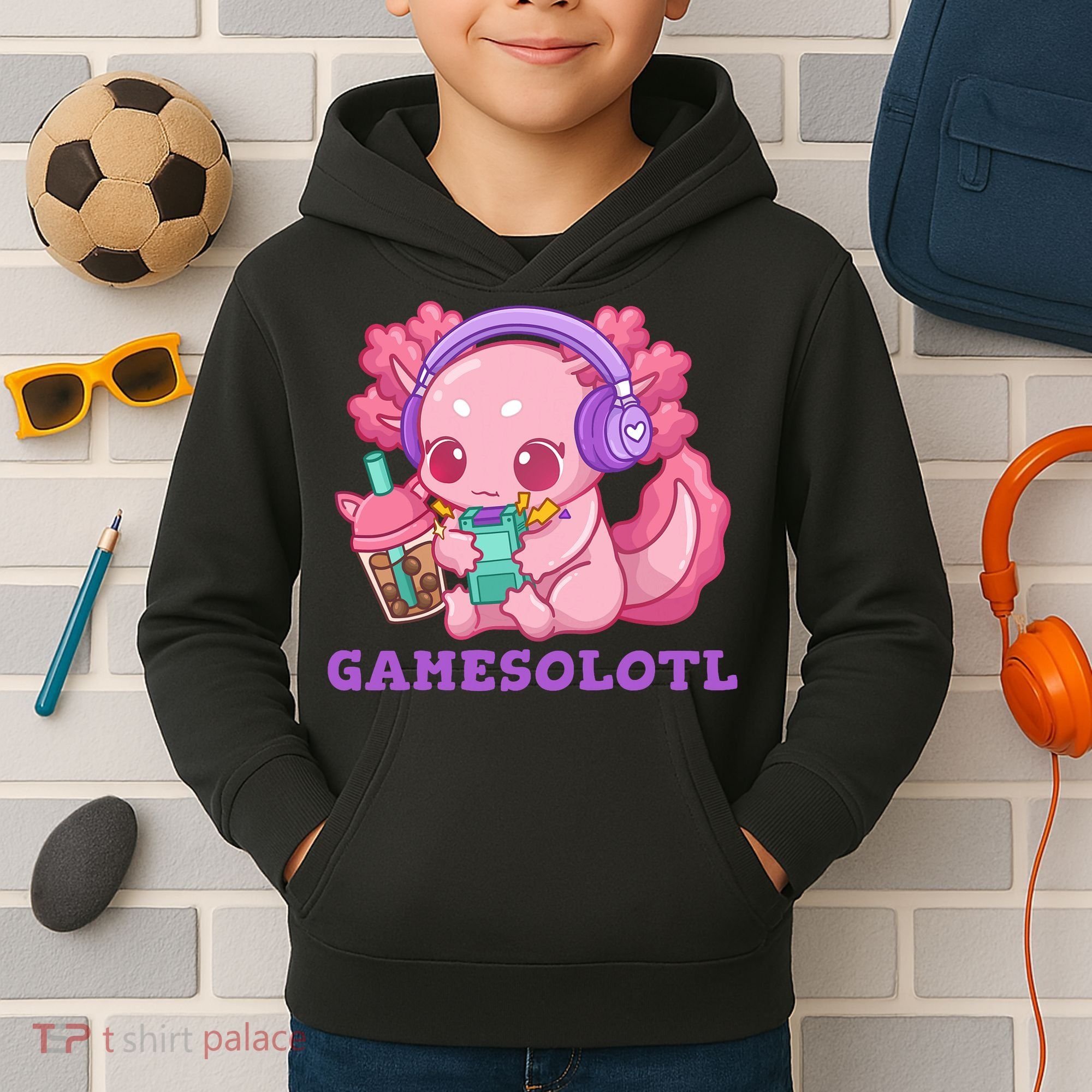 Axolotl Gaming Gamer Video Games Boba Tea Bubble Anime Kids Hoodie