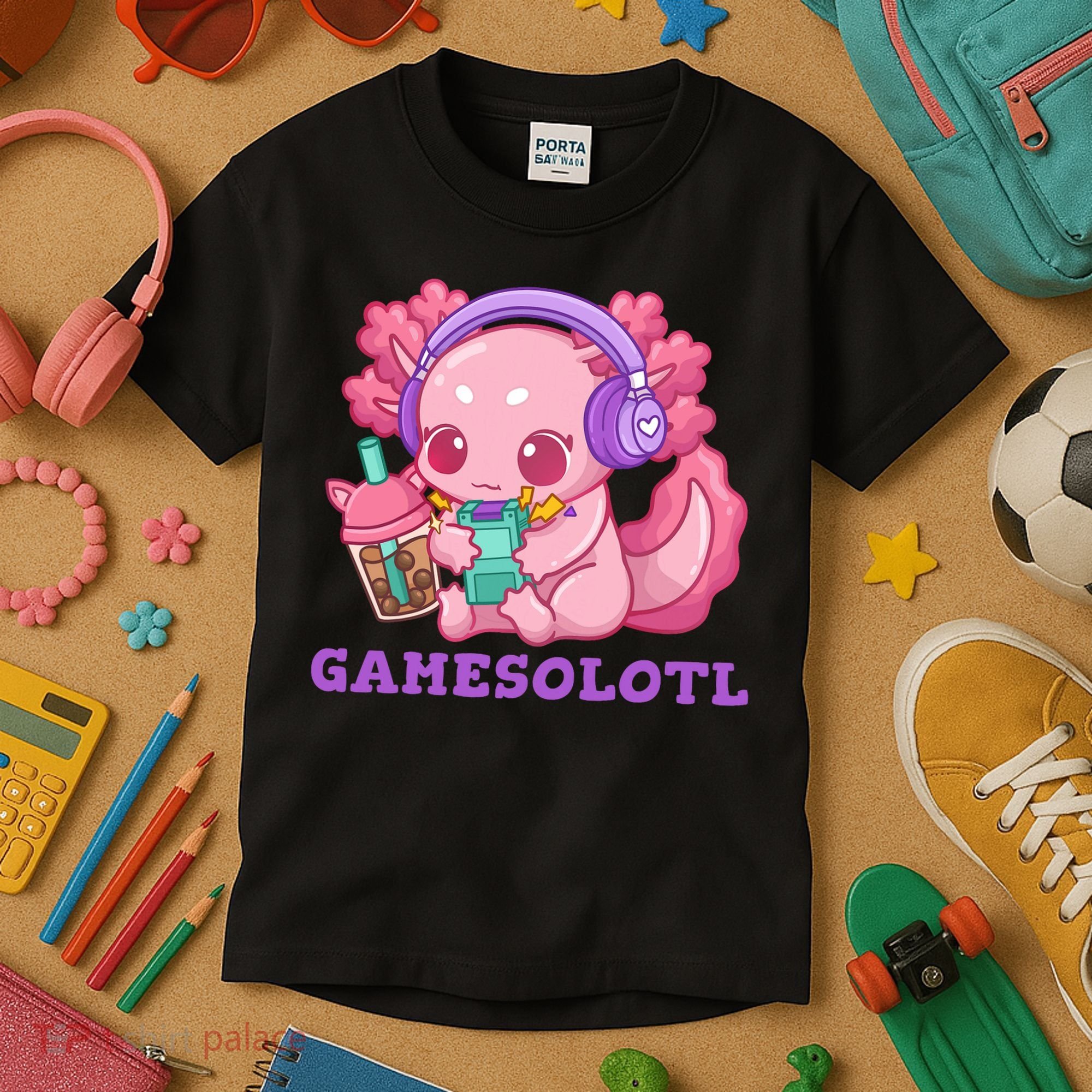 Axolotl Gaming Gamer Video Games Boba Tea Bubble Anime Kids T-Shirt