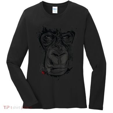 Angry Gorilla Graphic Ape Cigar Smoking Monkey Women's Long Sleeve Shirt