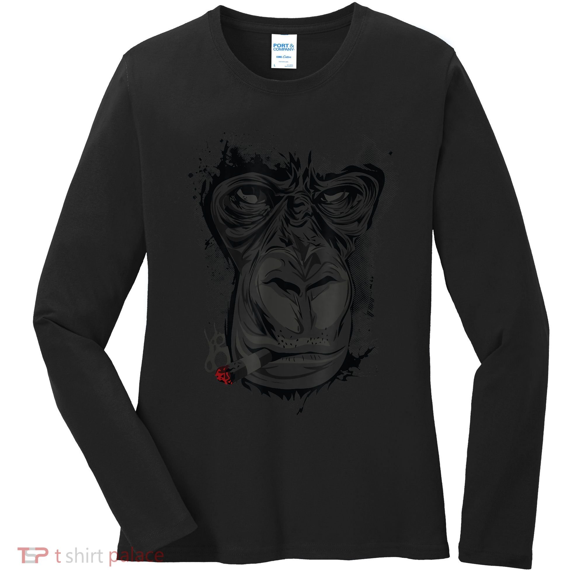 Angry Gorilla Graphic Ape Cigar Smoking Monkey Women's Long Sleeve Shirt
