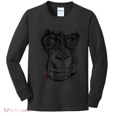 Angry Gorilla Graphic Ape Cigar Smoking Monkey Kids Long Sleeve Shirt