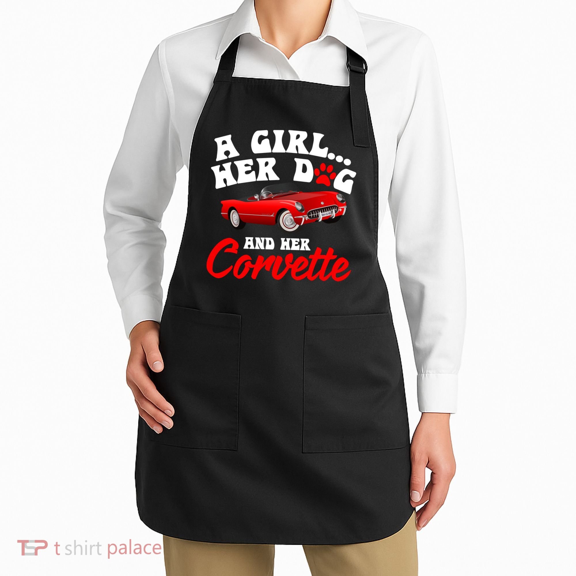 A Girl Her Dog And Her Corvette Dog Mom Apron