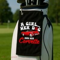 A Girl Her Dog And Her Corvette Dog Mom Golf Towel thumb 2