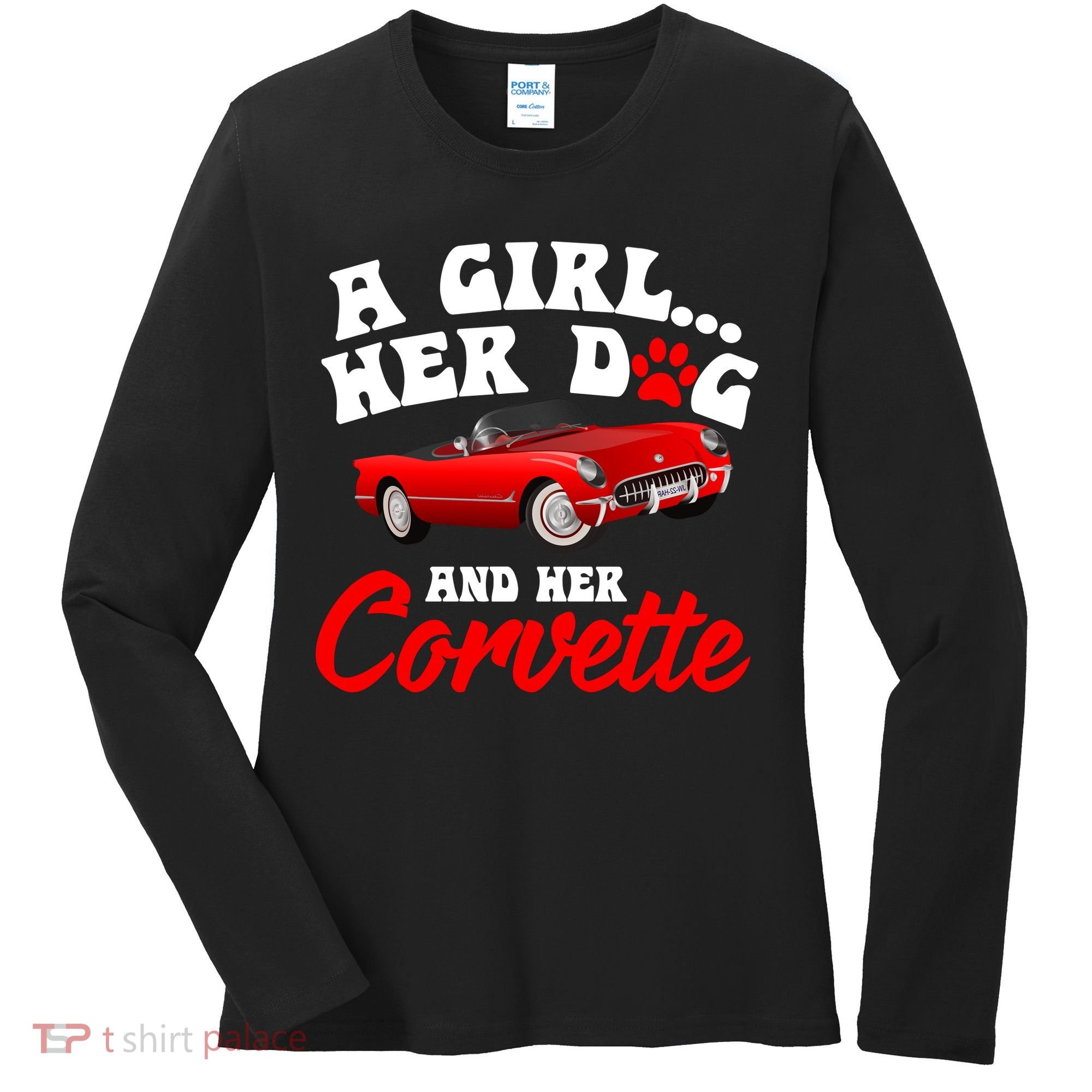 A Girl Her Dog And Her Corvette Dog Mom Women's Long Sleeve Shirt
