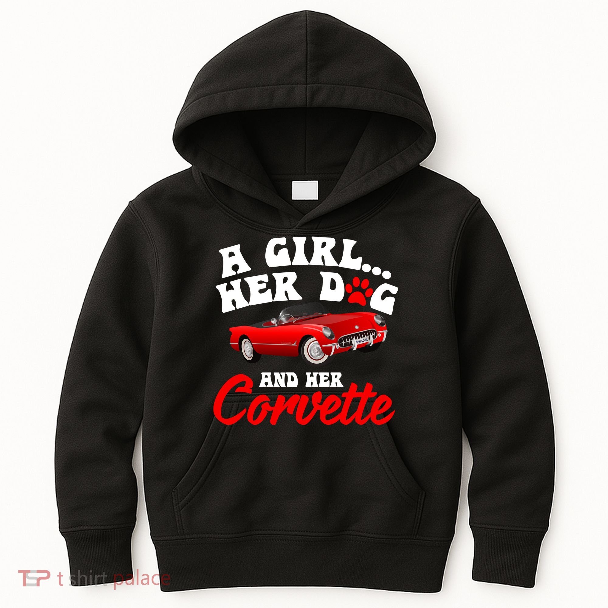 A Girl Her Dog And Her Corvette Dog Mom Kids Hoodie
