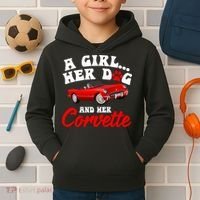 A Girl Her Dog And Her Corvette Dog Mom Kids Hoodie thumb 2