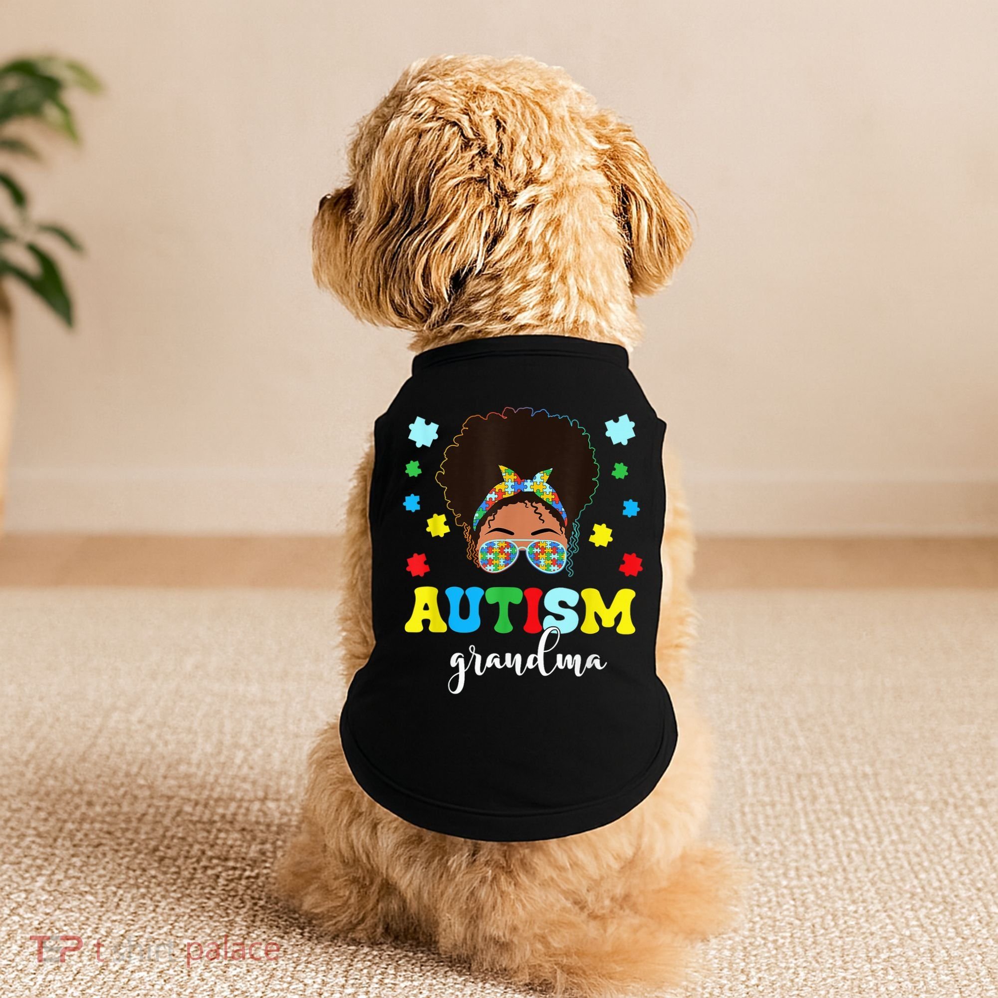 Autism Grandma Life Messy Bun Black Afro Autism Doggie Tank