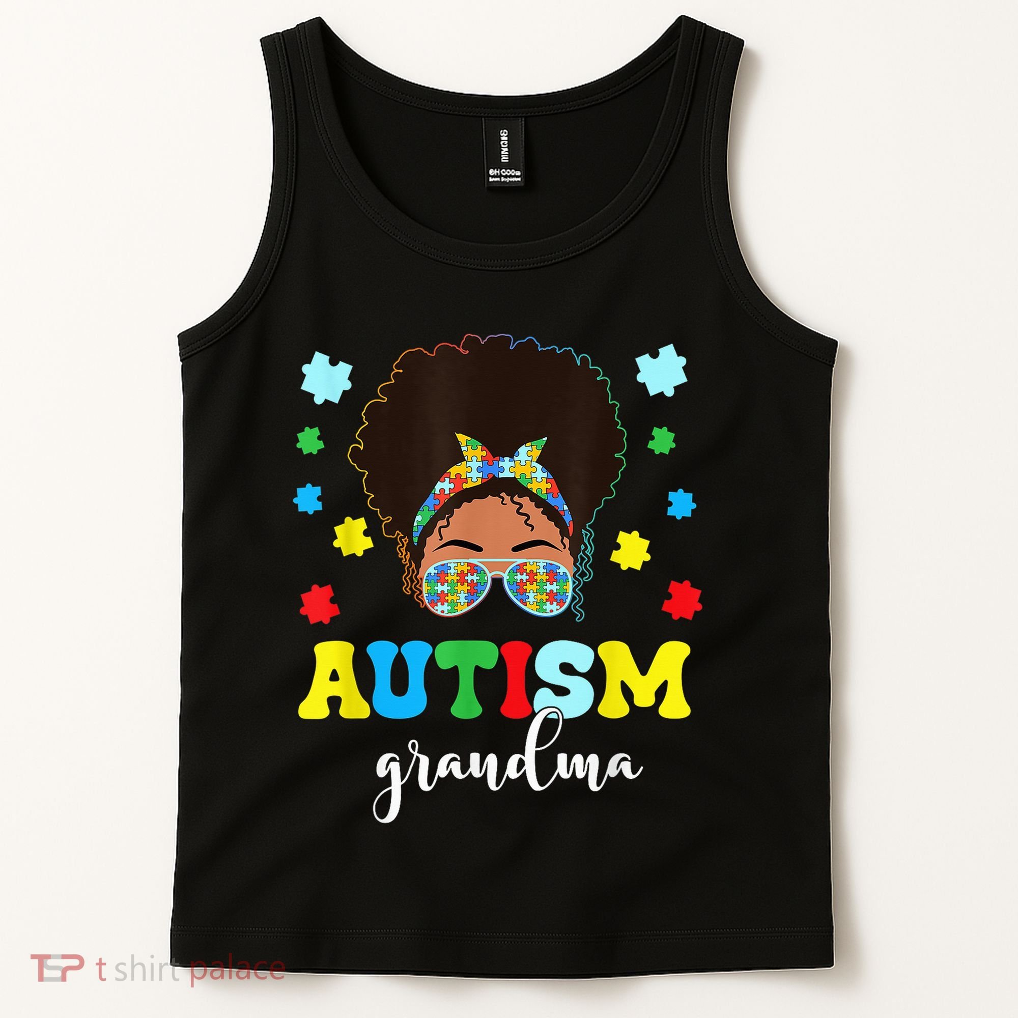 Autism Grandma Life Messy Bun Black Afro Autism Tank Top