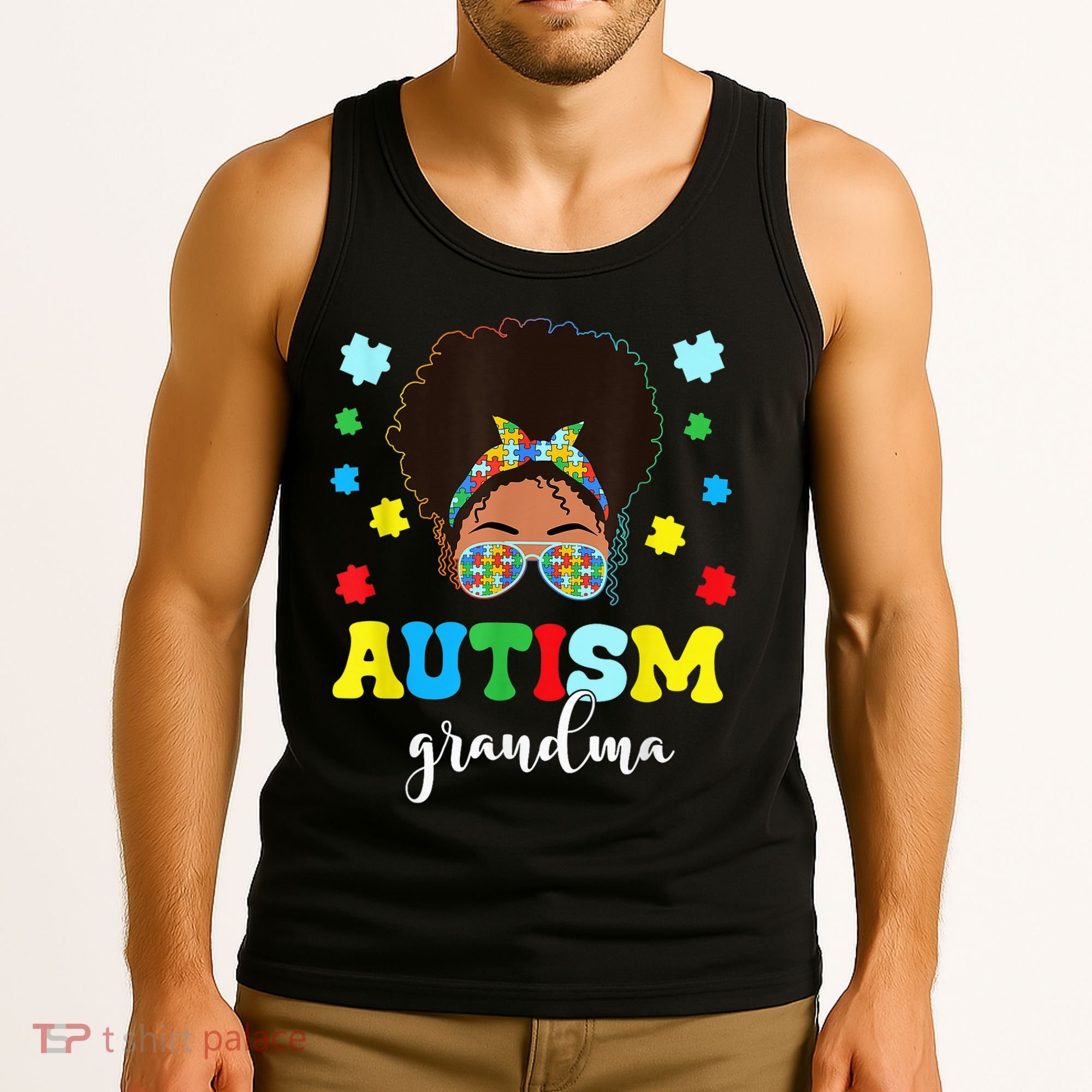 Autism Grandma Life Messy Bun Black Afro Autism Tank Top