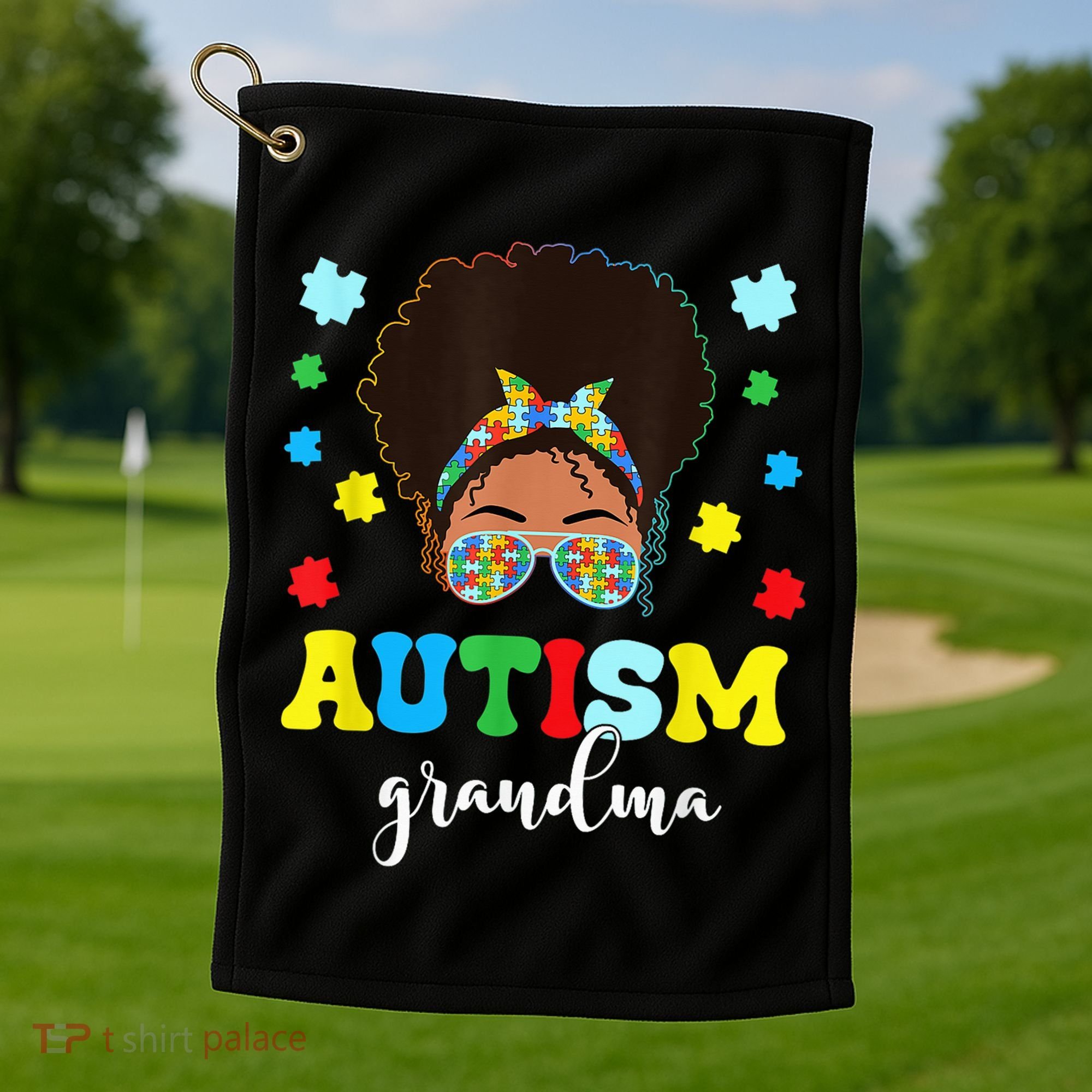 Autism Grandma Life Messy Bun Black Afro Autism Golf Towel