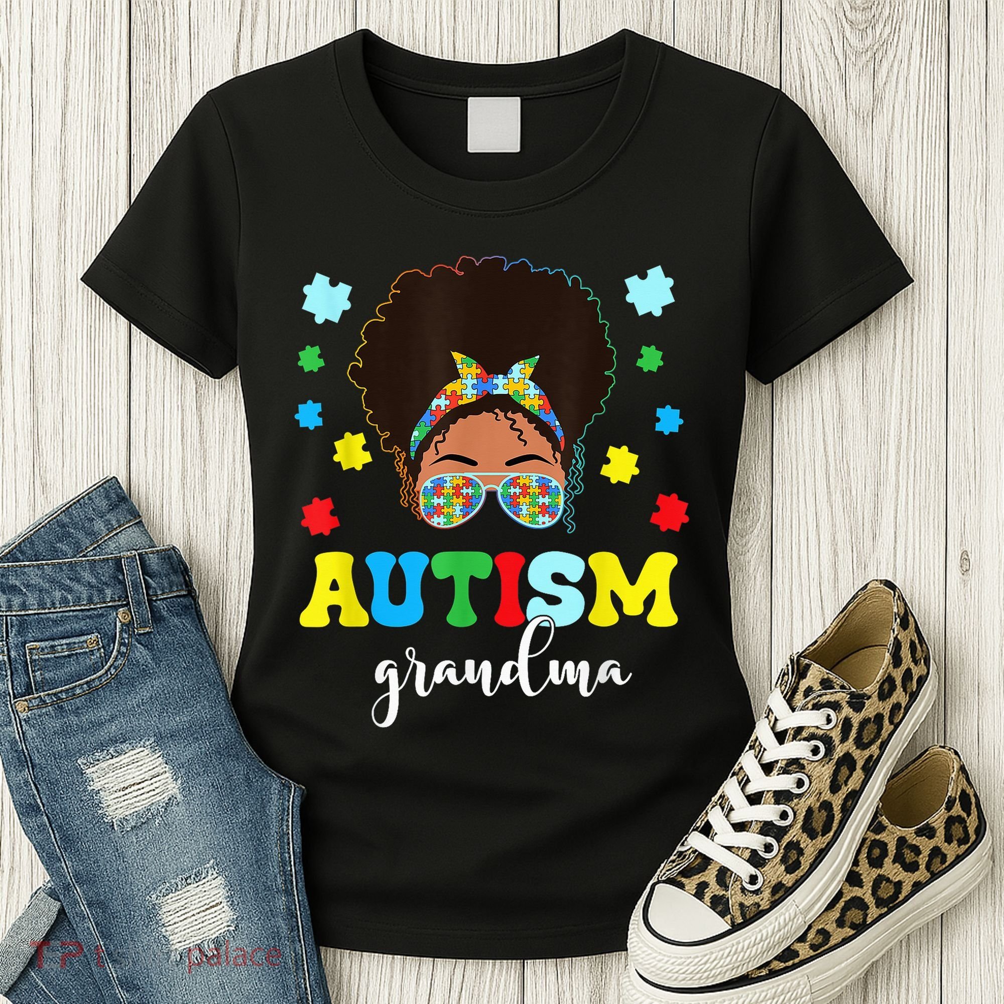 Autism Grandma Life Messy Bun Black Afro Autism Women's T-Shirt