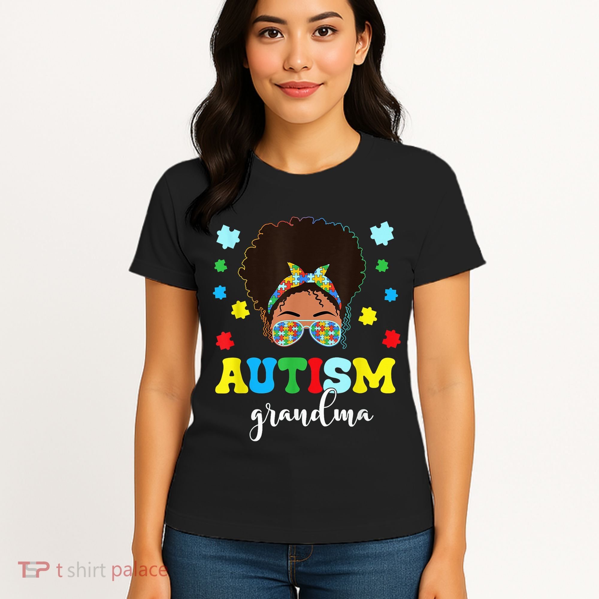 Autism Grandma Life Messy Bun Black Afro Autism Women's T-Shirt
