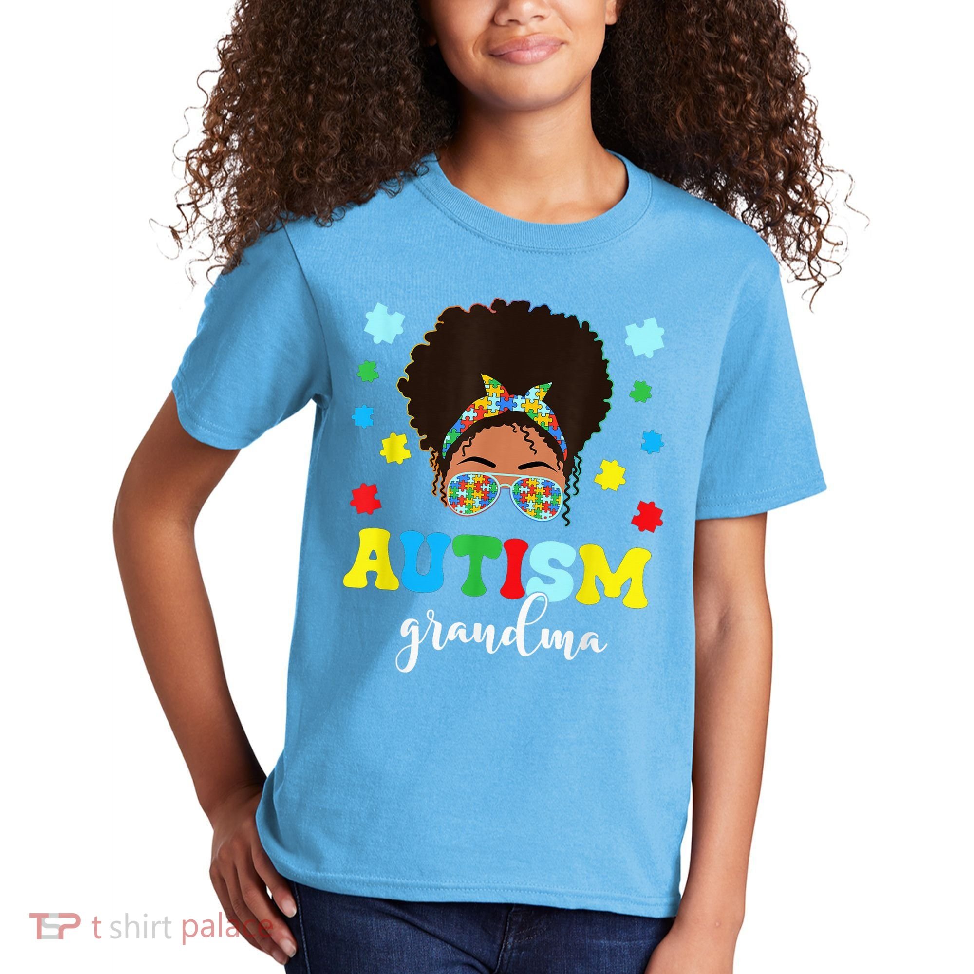 Autism Grandma Life Messy Bun Black Afro Autism Kids T-Shirt