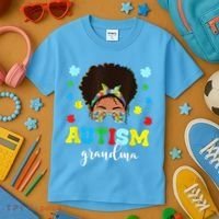 Autism Grandma Life Messy Bun Black Afro Autism Kids T-Shirt thumb 3