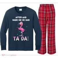 After God Made Me He Said Ta Da Funny Flamingo Quote Idea Kids Long Sleeve Plaid Pajama Set thumb 0
