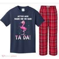 After God Made Me He Said Ta Da Funny Flamingo Quote Idea Kids Plaid Pajama Set thumb 0