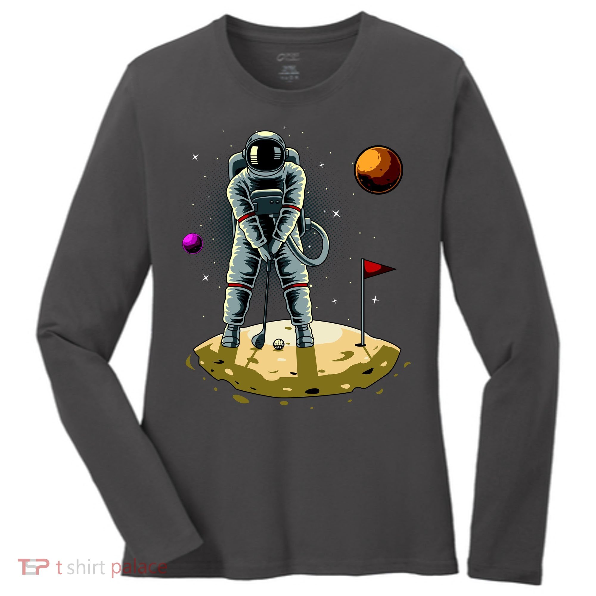 Astronaut Golfing On The Moon Funny Golf Lovers Women's Long Sleeve Shirt