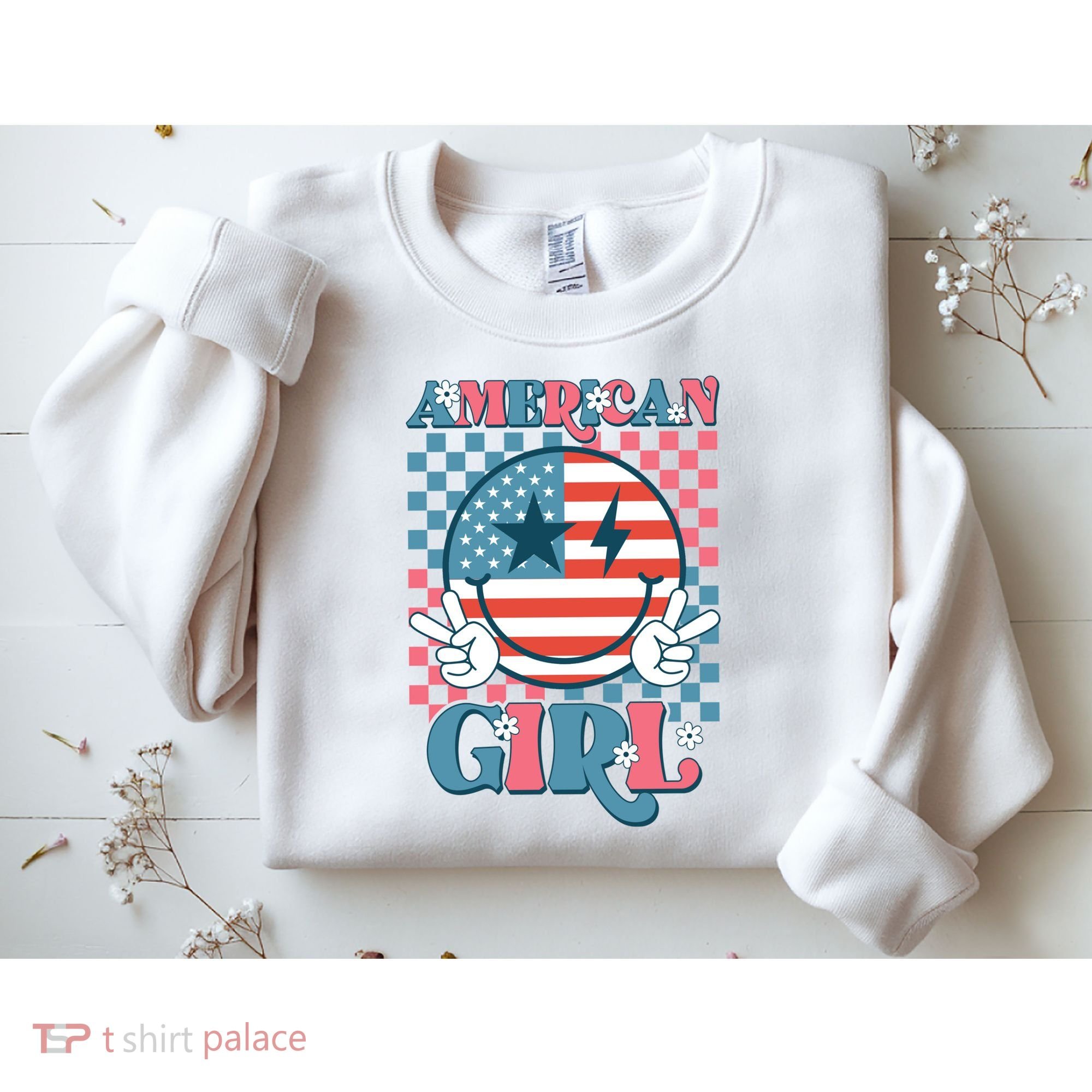 American Girl Retro Groovy 4th Of July Smile Peace Sweatshirt
