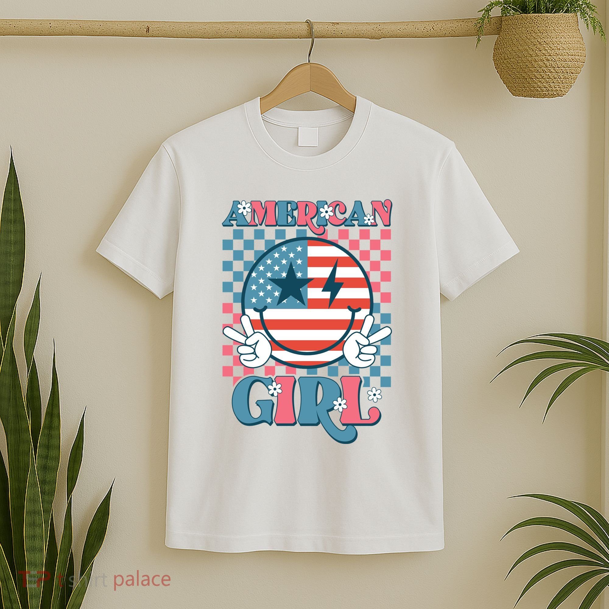 American Girl Retro Groovy 4th Of July Smile Peace T-Shirt