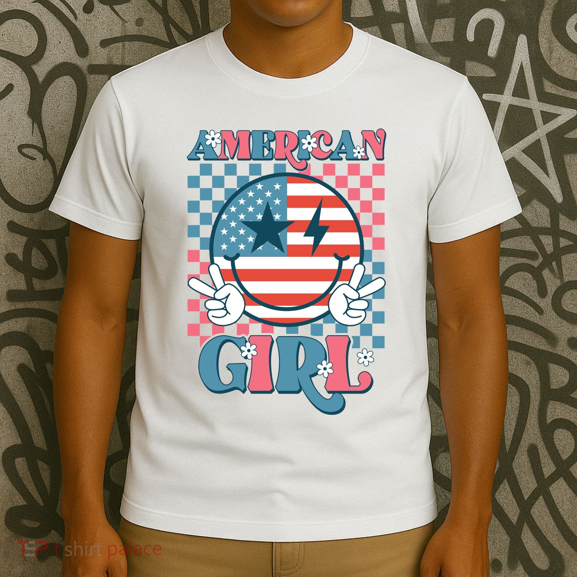 American Girl Retro Groovy 4th Of July Smile Peace T-Shirt