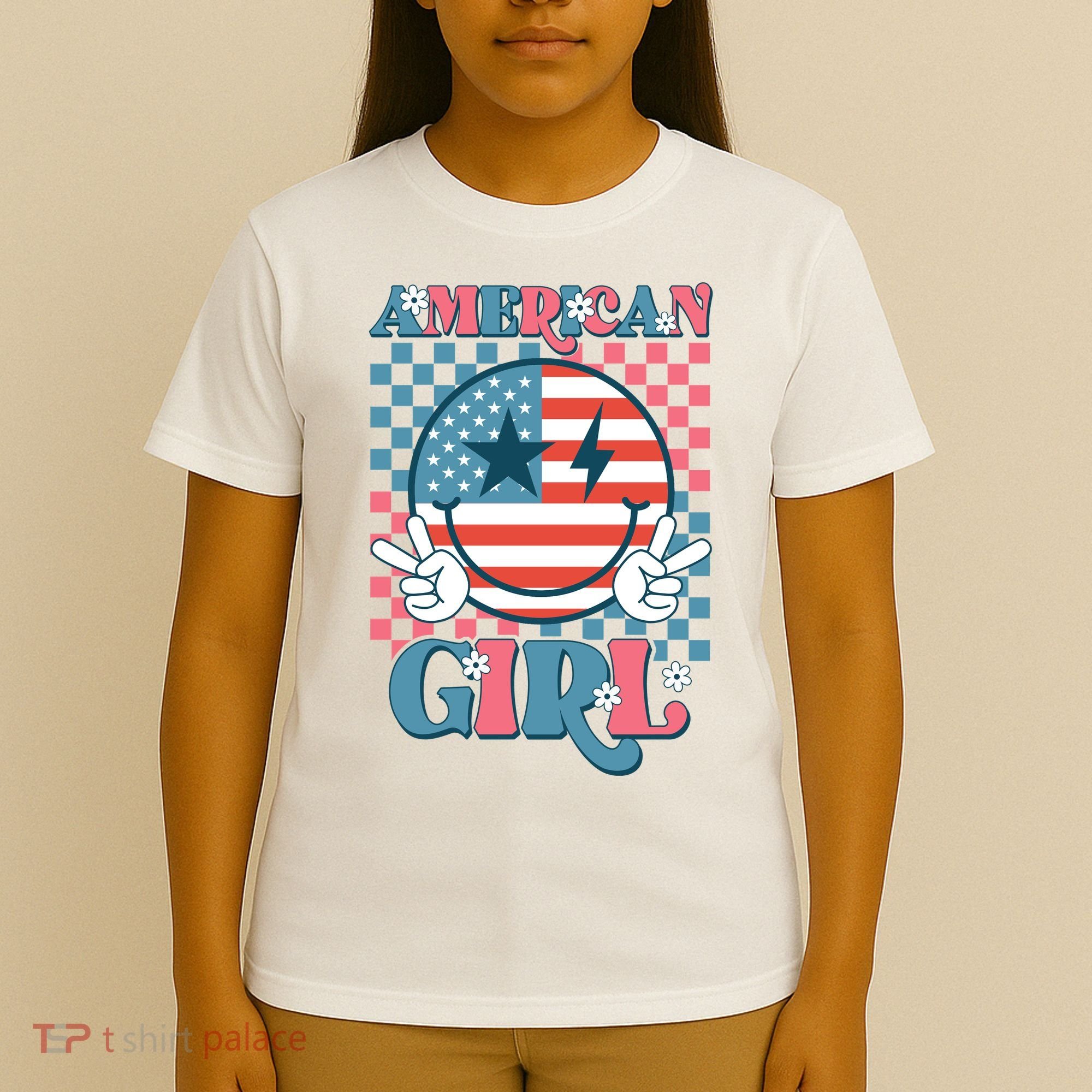 American Girl Retro Groovy 4th Of July Smile Peace T-Shirt