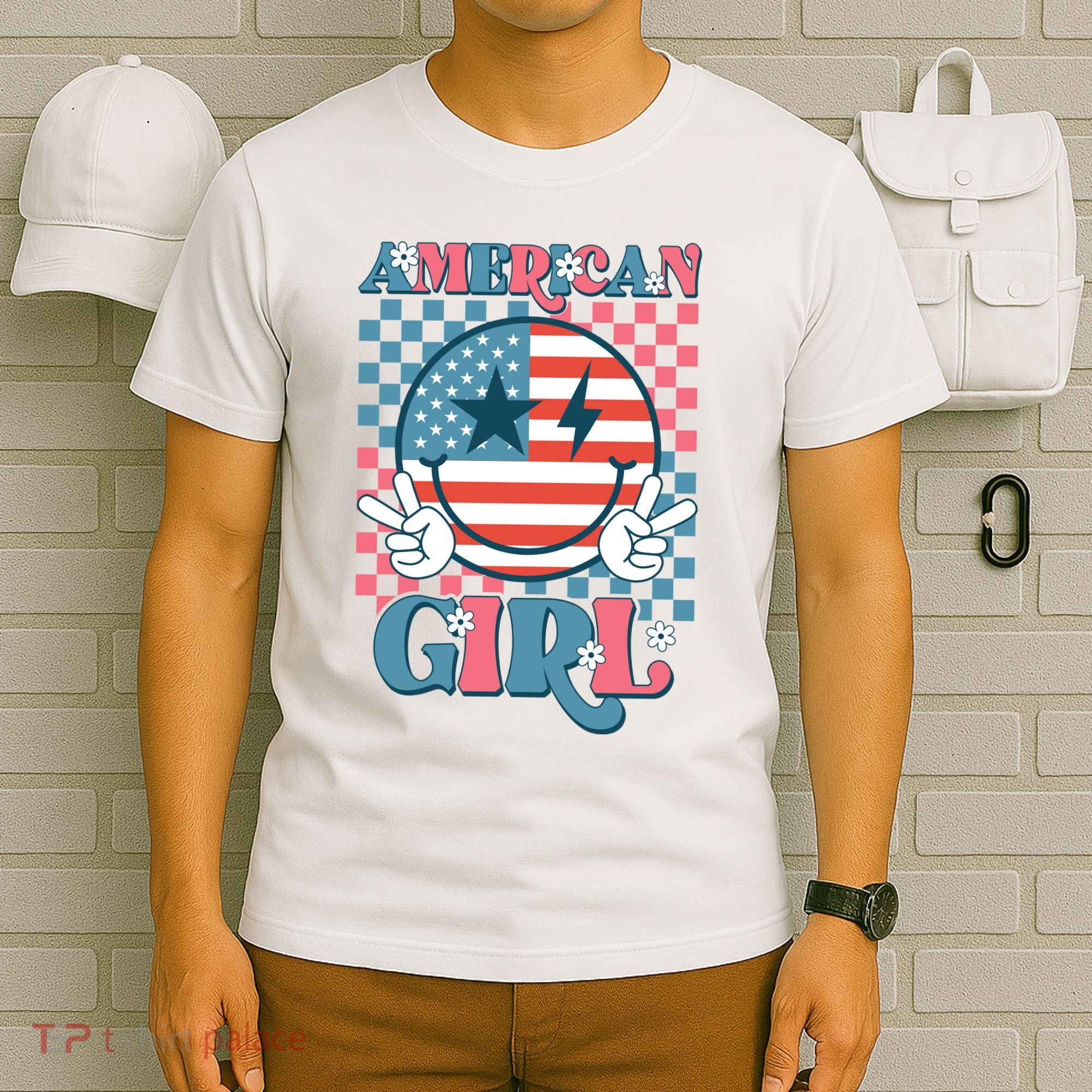 American Girl Retro Groovy 4th Of July Smile Peace T-Shirt